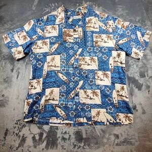 Island Blue Mens Tropical Boat Palm Tree Cotton Hawaiian Shirt‎ Blue L